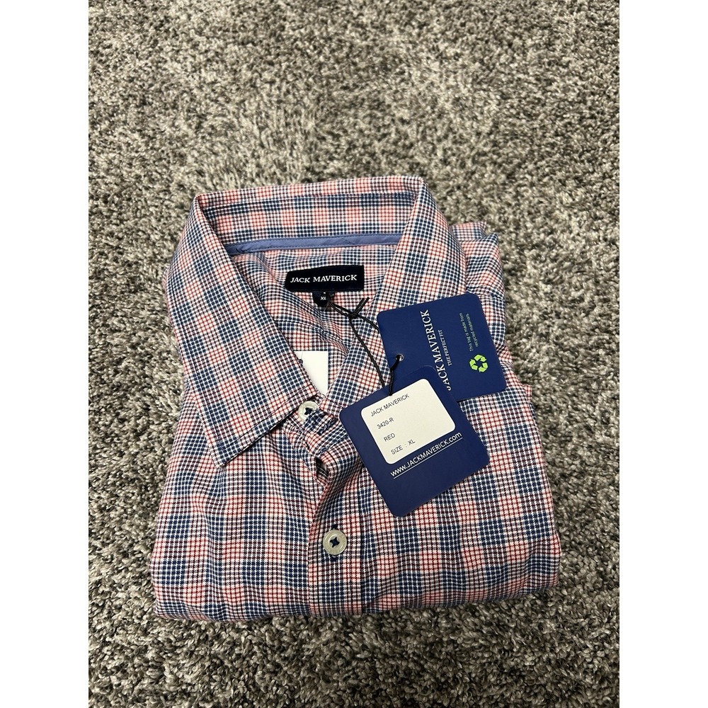 Jack Maverick Perfect Fit XL Blue Red Check Button Up Shirt Long Sleeve Cotton